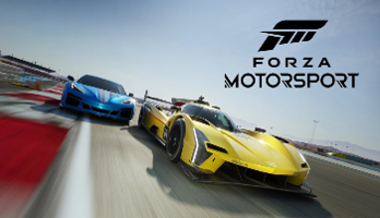 Two cars race towards the finish line - the logo in the top right corner reads FORZA MOTORSPORT